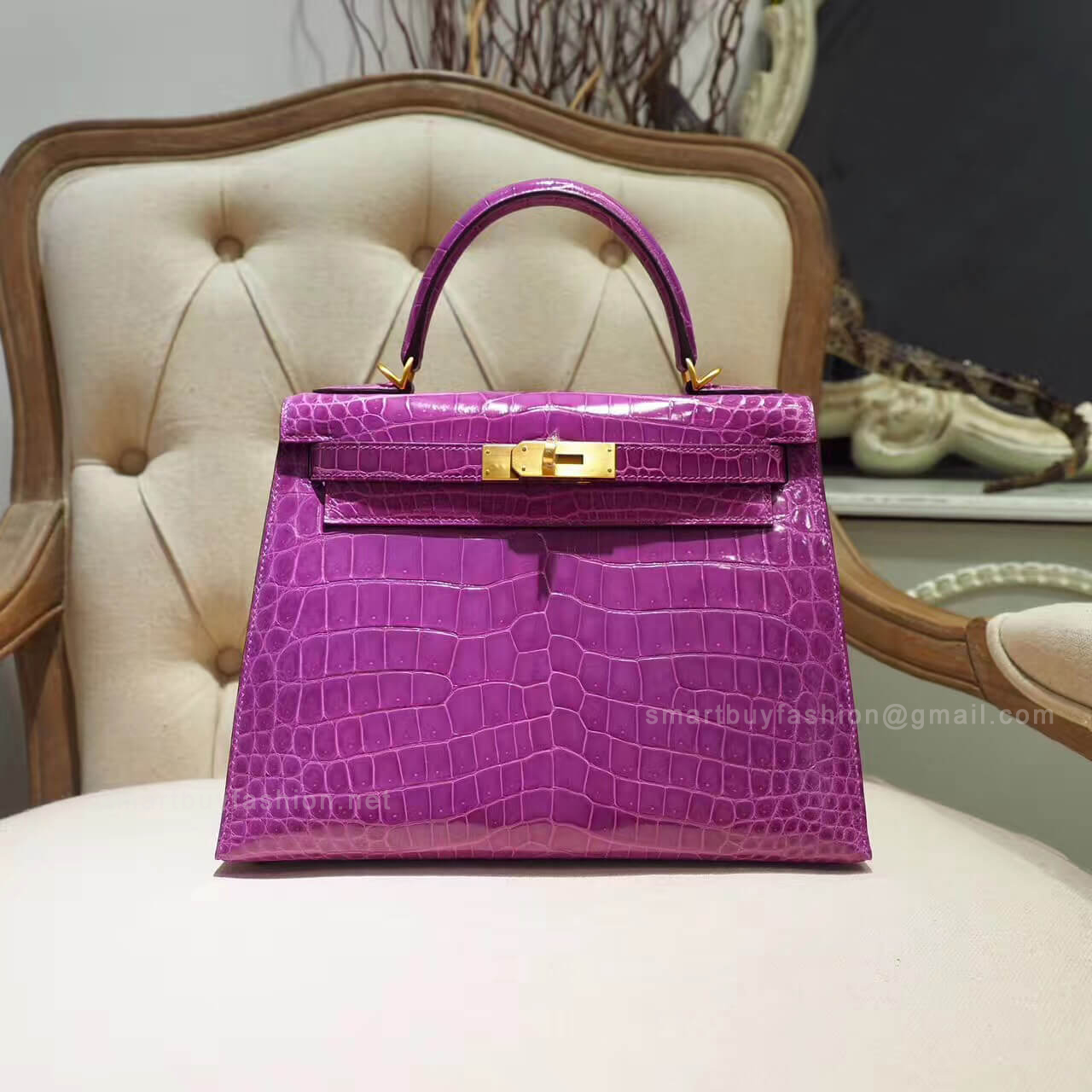 Hermes Kelly 28 Bag in 5c Violet Shiny Porosus Croc GHW
